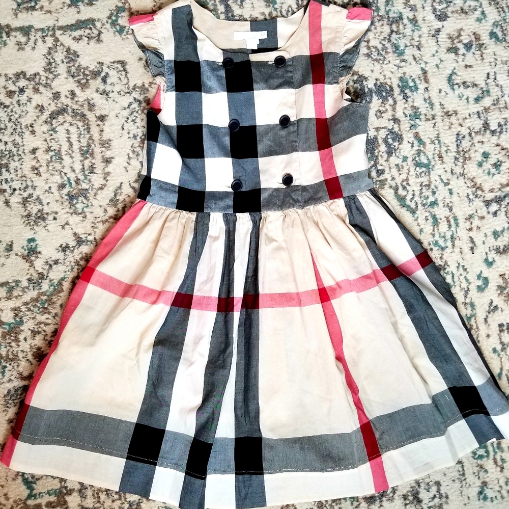 Burberry Girls Black, White & Pink Plaid Cotton Dress